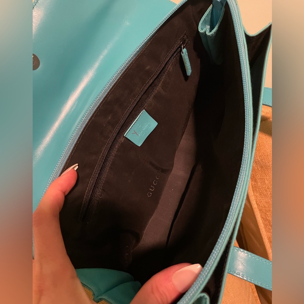 Gucci Turquoise Blue Fabric Handbag with Leather Straps and Gunmetal Hardware - Picture 15 of 16